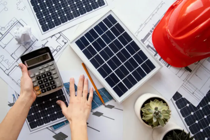 Top-down view of blueprints, a solar panel, calculator, red hard hat, and succulents on a desk, budgeting for a green loan application.